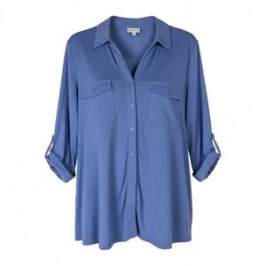 Wonderly Womens Blue Long Sleeve Button Up Shirt Roll Tab Sleeve Pockets Size XL